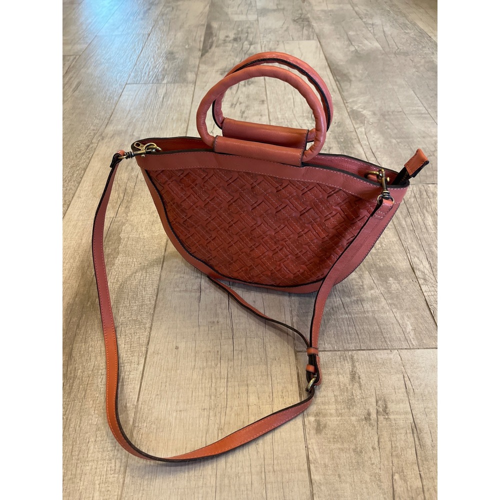 Patricia Nash Cassini Woven Leather Satchel Crossbody Bag Coral Pink Orange‎